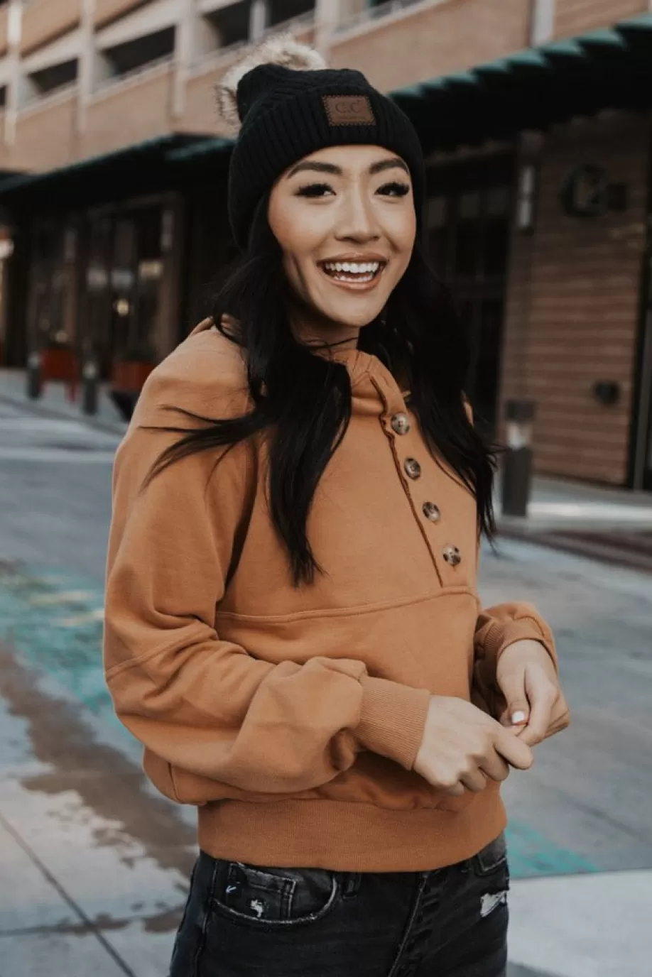 Store Button Front Cropped Hoodie in - FINAL SALE SWEATERS | SWEATERS