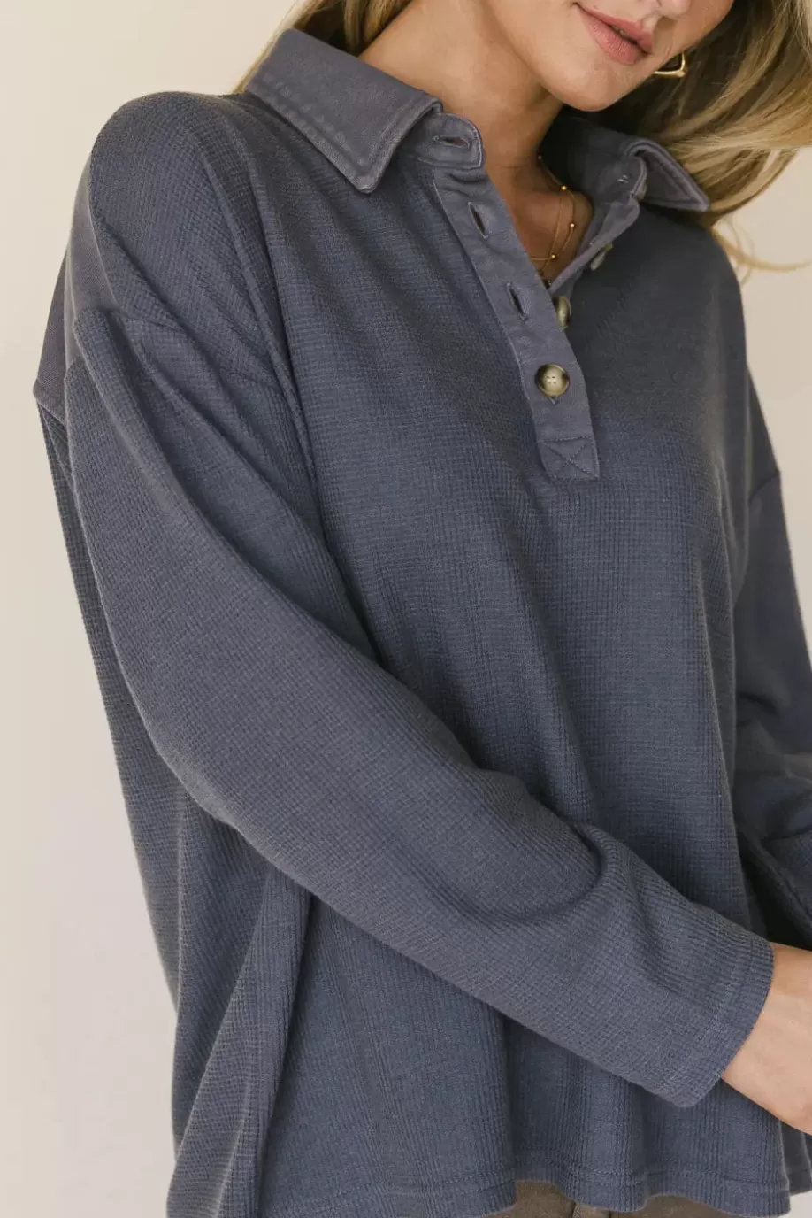 Fashion Isabelle Waffle Knit Henley Top in TEES & TANKS | TEES & TANKS