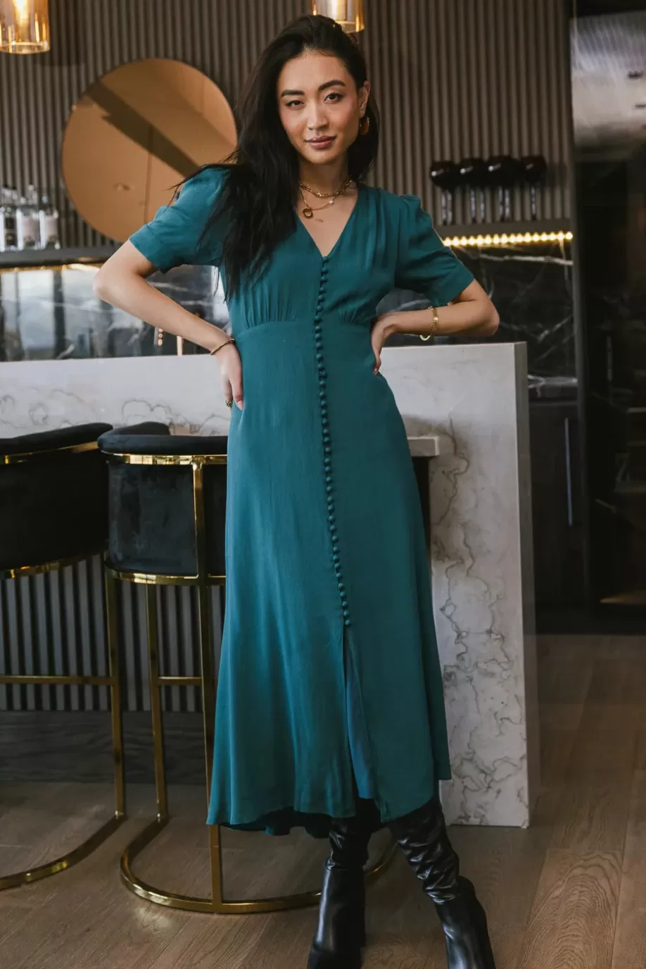 Shop Lia Button Detail Dress in MIDI DRESSES | DRESSES