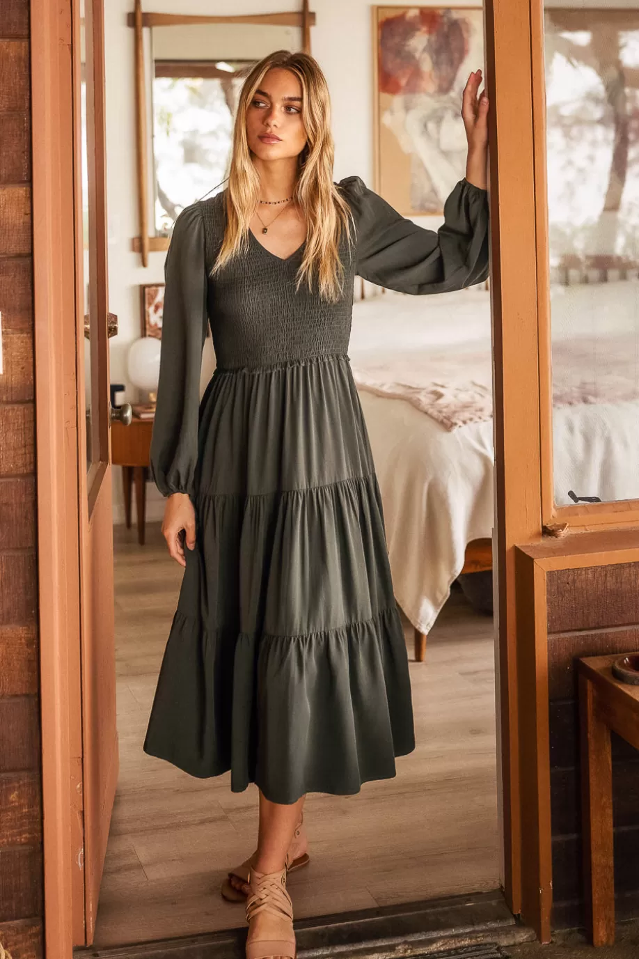 Flash Sale Smocked Tiered Midi Dress in - FINAL SALE DRESSES