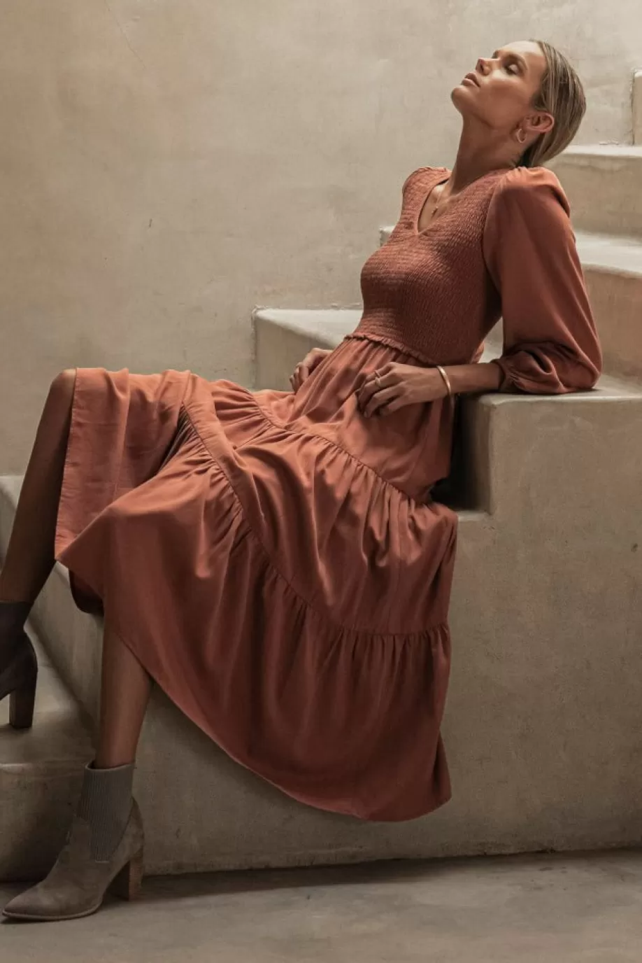 Hot Smocked Tiered Midi Dress in - FINAL SALE DRESSES